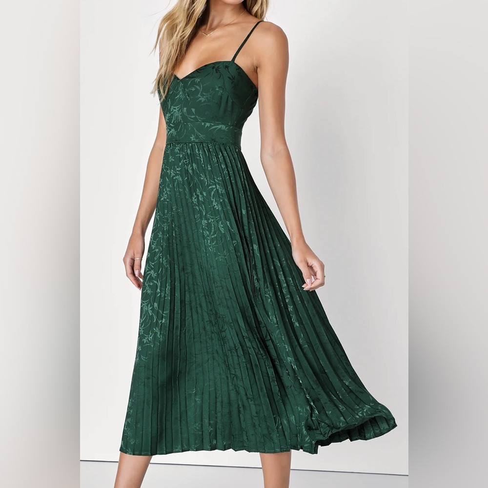 Regal Romance Emerald Floral Jacquard Pleated Satin Midi Dress - Lulu’s